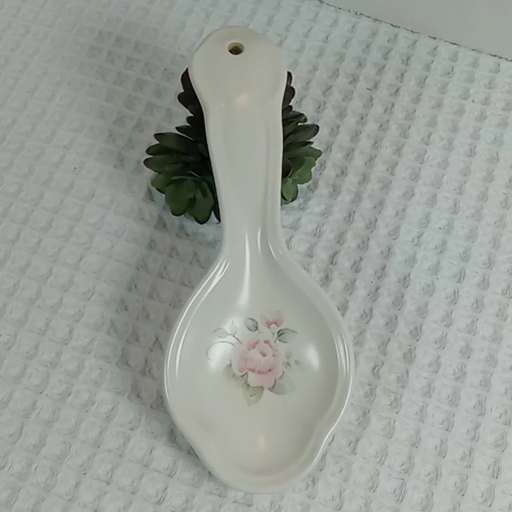 Pfaltzgraff White Stoneware Spoon Rest Tea Rose Pattern Pink Floral